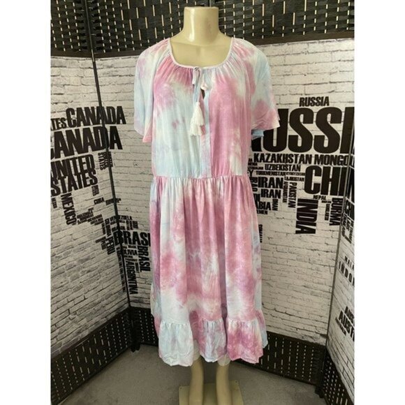 Torrid 0 Mauve Tie-Dye Lined Tie Tassel Neck Ruffle Hem Short Sleeve Dress - Picture 1 of 6